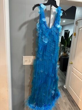 Blue Sequin Cascade Maxi Dress with Feather Hem(stretchy)